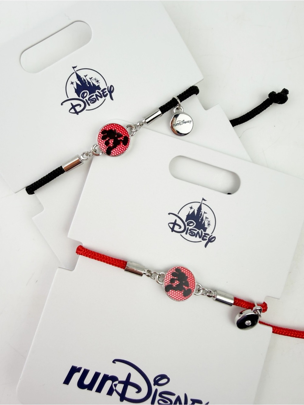 TWO Disney RunDisney Stackable Cord Friendship Bracelets Red Black Mickey New